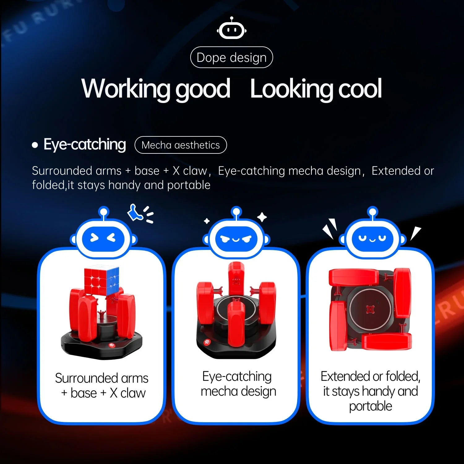 Red Gancube Robot V2 with surrounded arms and X claw on black base, portable mecha design
