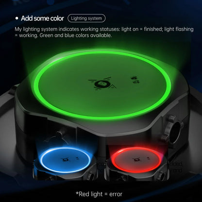 Close-up of a device lighting system with a green glowing ring indicating finished status, and blue and red rings representing working and error states