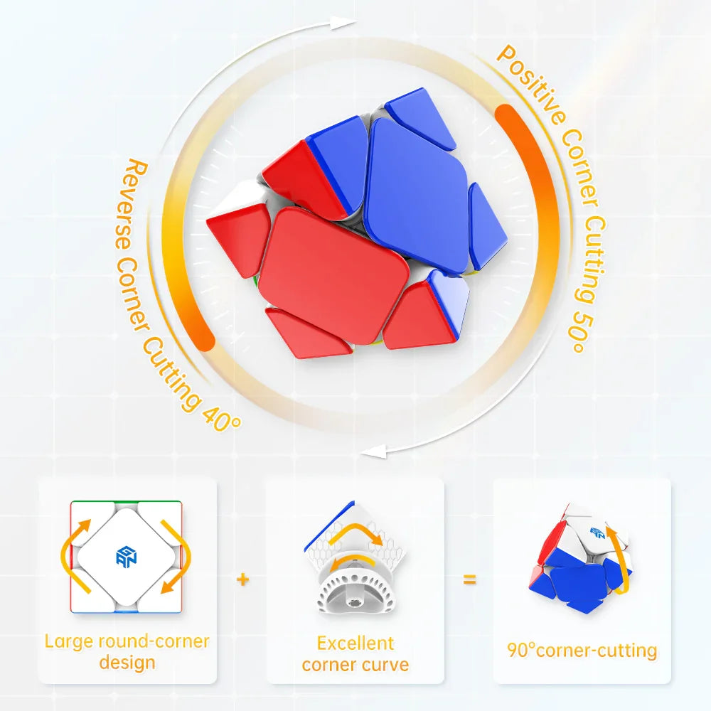 GansCube Skewb M5 puzzle cube with red and blue tiles, showing corner cutting features and design details