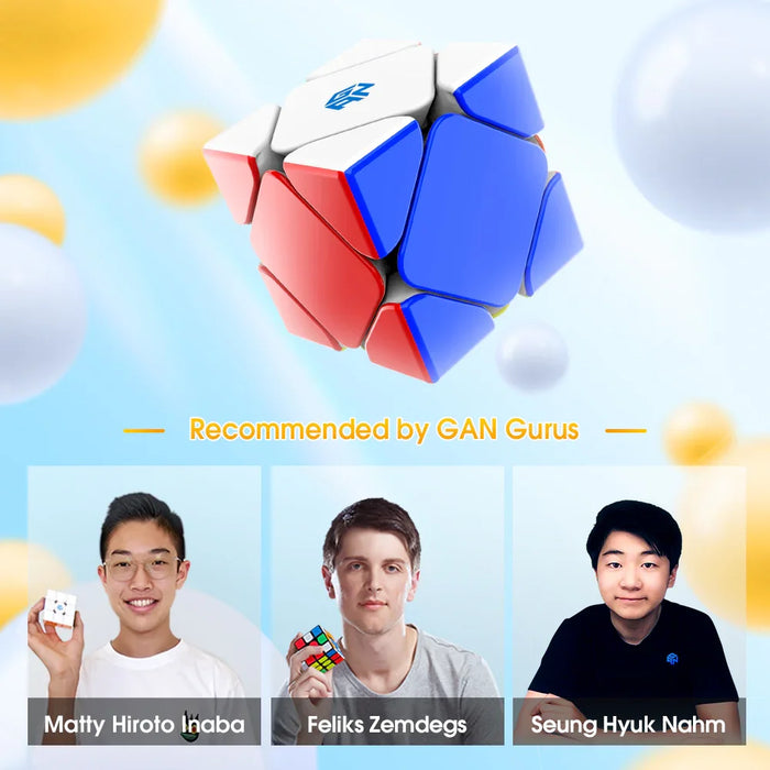GAN Cube Skewb M6 puzzle cube with red, blue, and white pieces floating against a blue background