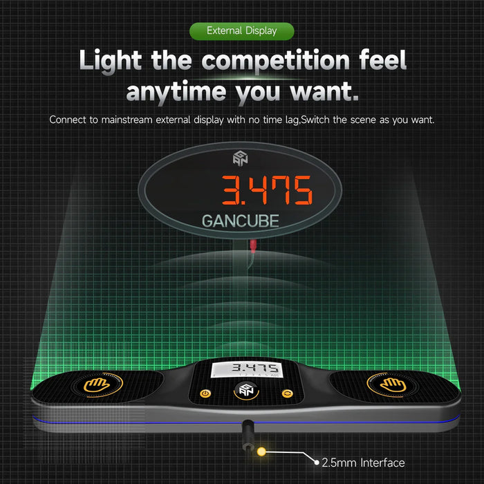 GAN Cube smart timer with external display showing 3.475 seconds, 2.5mm interface connection