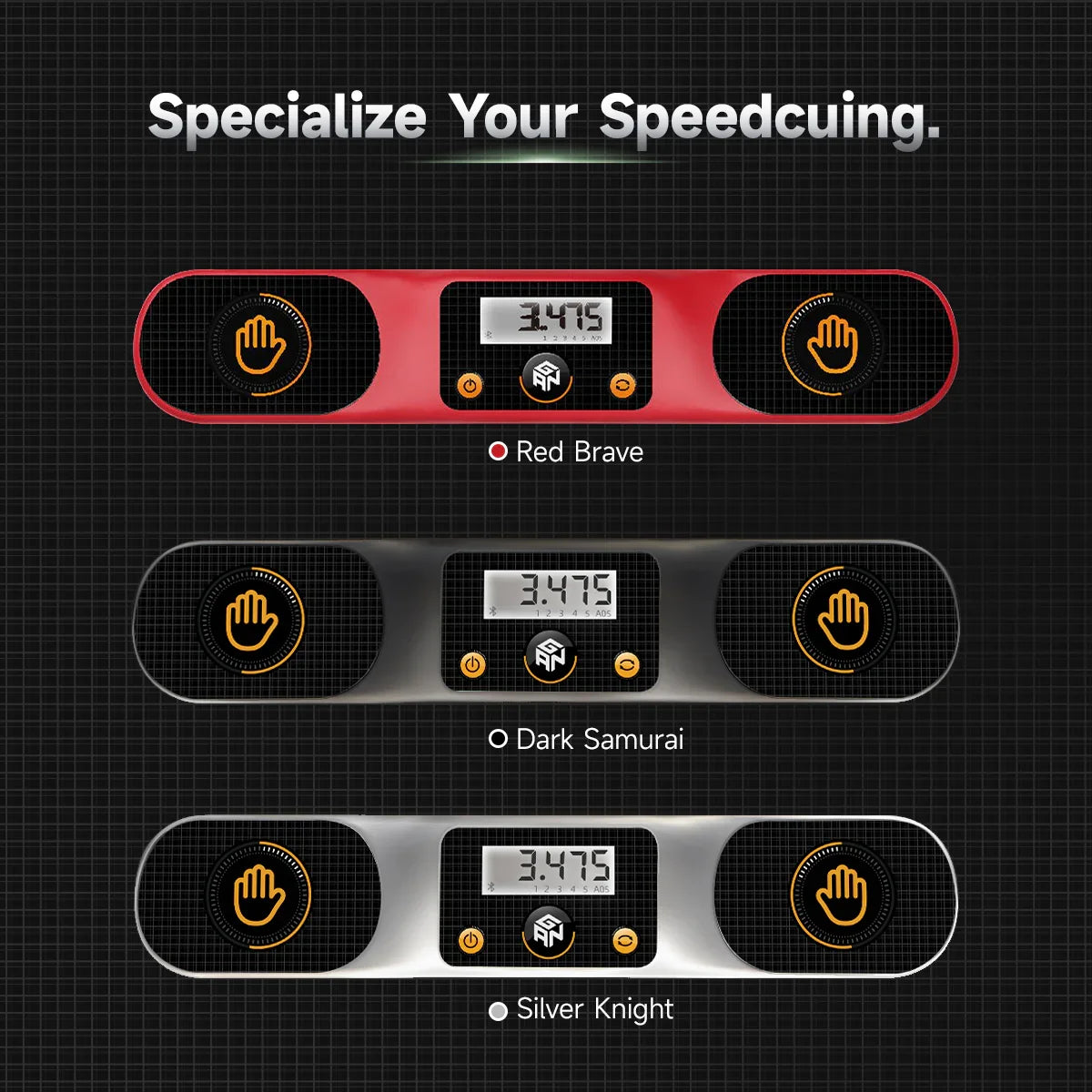 Three Gancube smart timers for speedcubing in red, black, and silver with digital displays and hand sensor buttons