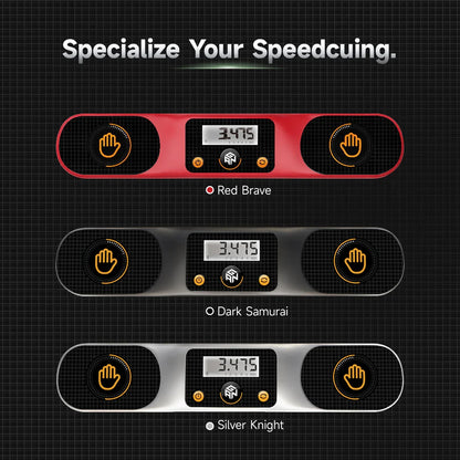 Three Gancube smart timers for speedcubing in red, black, and silver with digital displays and hand sensor buttons