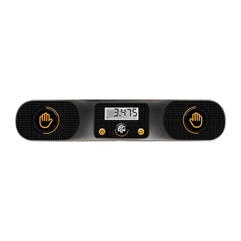 GanCube smart timer with digital display showing 3.475 seconds and touch controls on black grid background