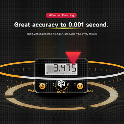 GANCUBE smart timer showing 3.475 seconds with millisecond accuracy and precision controls