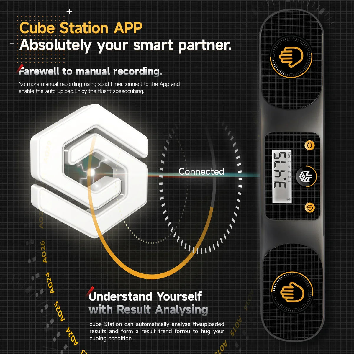 Cube Station APP smart timer displaying 34.75 seconds, features auto-upload and result analysis for speedcubing