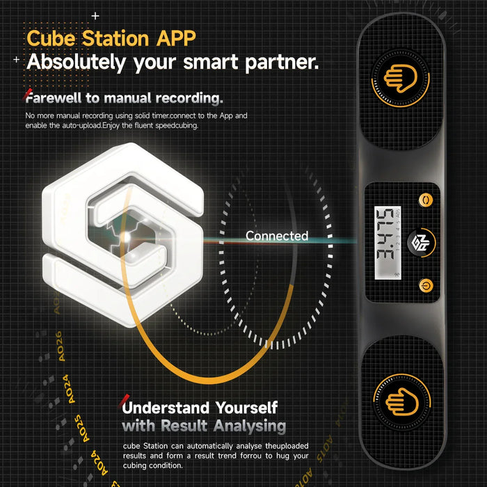 Cube Station APP smart timer displaying 34.75 seconds, features auto-upload and result analysis for speedcubing