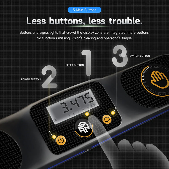 Close-up of GAN Cube smart timer with three main buttons: power, reset, and switch, featuring digital display