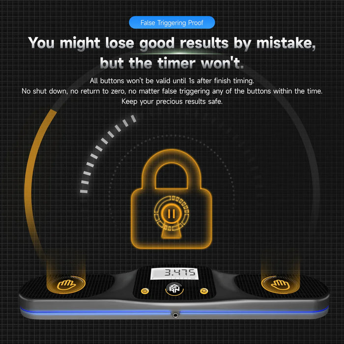 GanCube Smart Timer with digital display and touch buttons, featuring false triggering proof lock icon