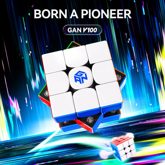 GAN V100 magnetic 3x3 speed cube with white, blue, red, and green sides against a dynamic blue speed effect background