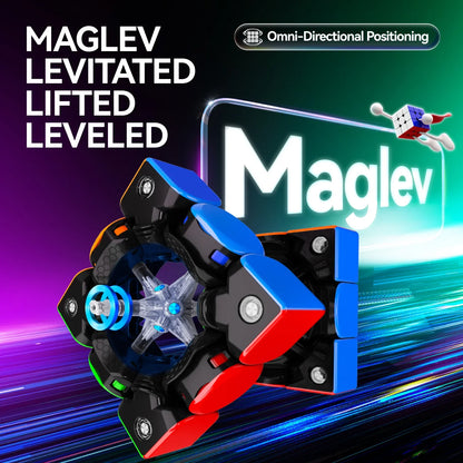 Close-up of a colorful Maglev Rubik's cube mechanism with blue, red, black parts and omni-directional positioning