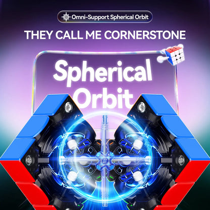 Close-up of a blue and red speed cube mechanism highlighting Spherical Orbit corner design