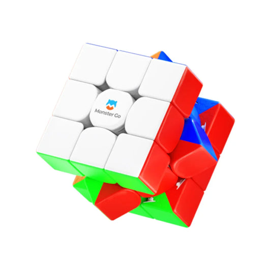 Partially twisted colorful Monster Go 3x3 speed cube with white, red, green, and blue sides