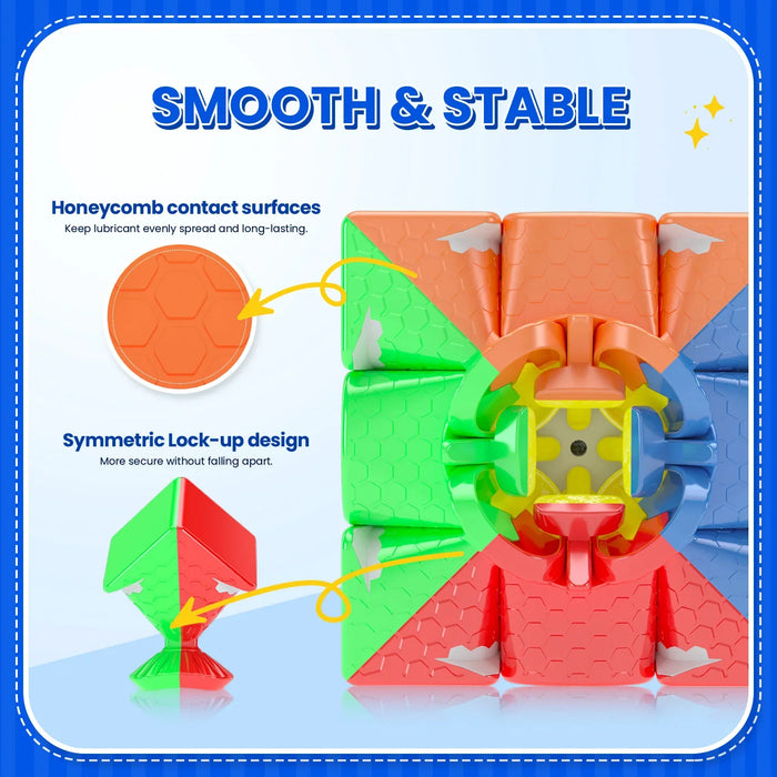 Close-up of colorful puzzle cube mechanism with honeycomb surface and symmetric lock-up design