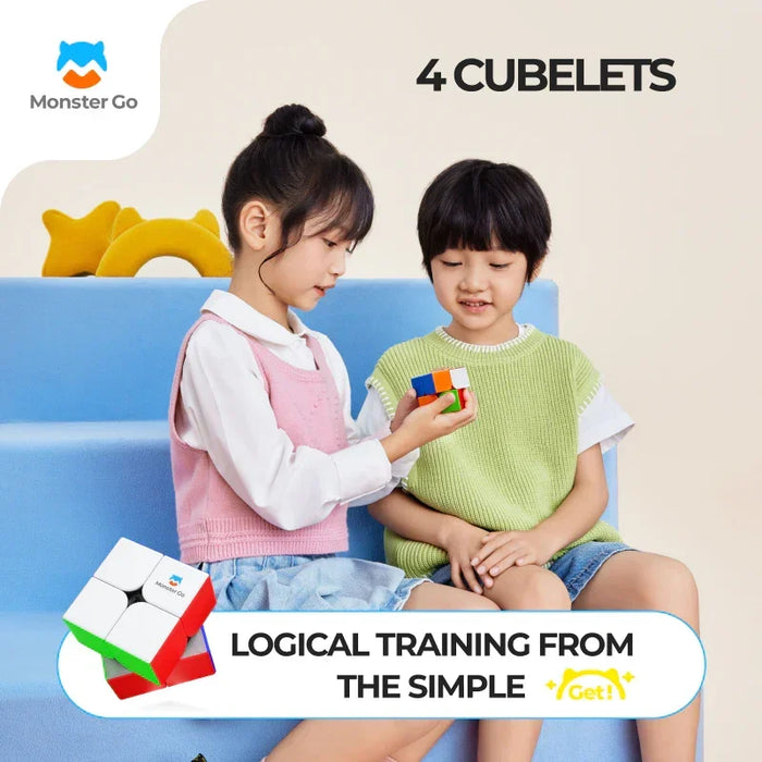 Two children sitting on blue steps playing with colorful 2x2 Monster Go cubelets puzzle