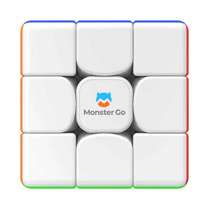 Close-up of a white 3x3 puzzle cube with colored edges and Monster Go logo on center piece