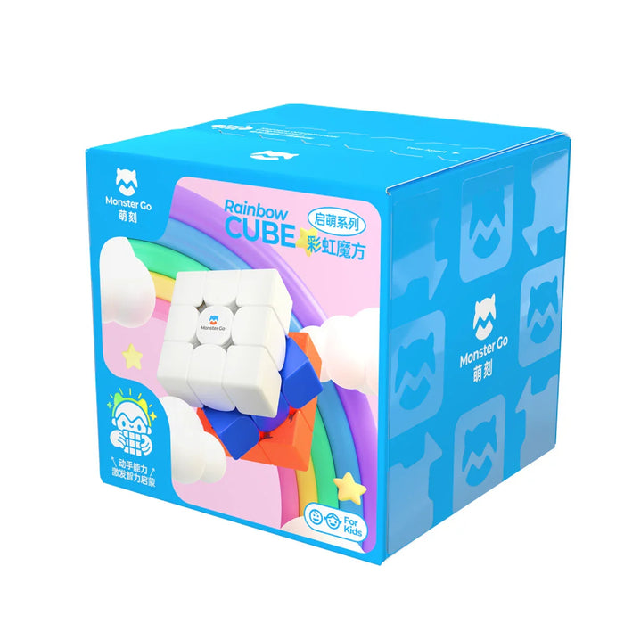 Monster Go Rainbow Cube puzzle toy packaging with colorful rainbow and white cube for kids