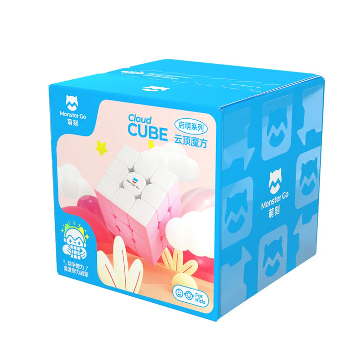 Monster Go Cloud Cube puzzle toy packaging in blue and pink, designed for kids with playful graphics