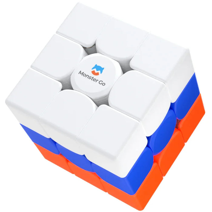 Monster Go cube puzzle with white, blue, and orange colors, showing center piece with logo