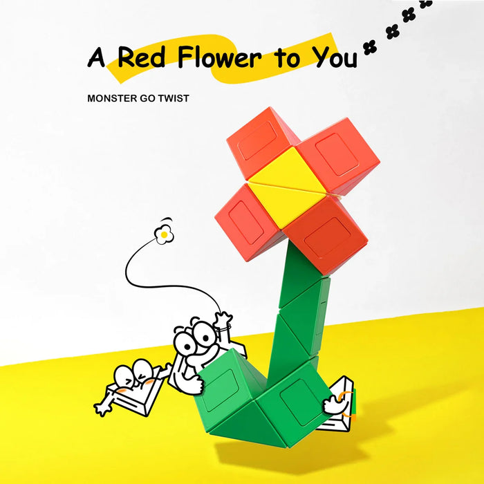 Monster Go Twist puzzle shaped like a red and yellow flower with green stem on yellow background