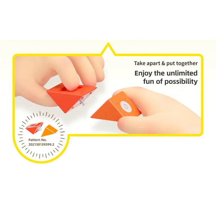 Hands assembling bright orange triangular puzzle pieces with text about unlimited fun and pattern number 202130139399.2