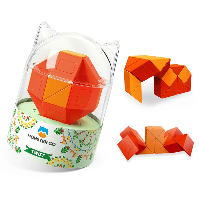 Monster Go Twist magic snake puzzle toy in red and orange, shown in closed and twisted shapes