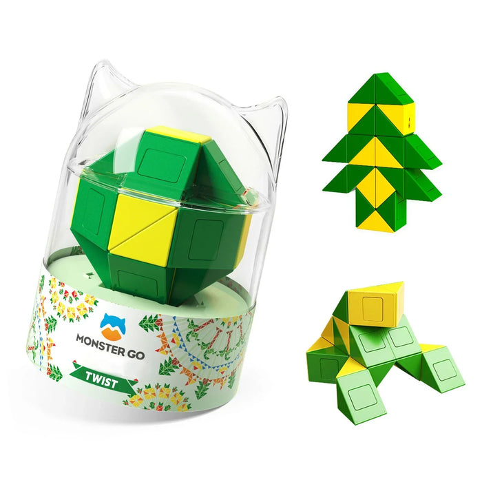 Yellow and green Monster Go Magic Twist snake puzzle toy in cat-ear plastic case and tree and animal shapes