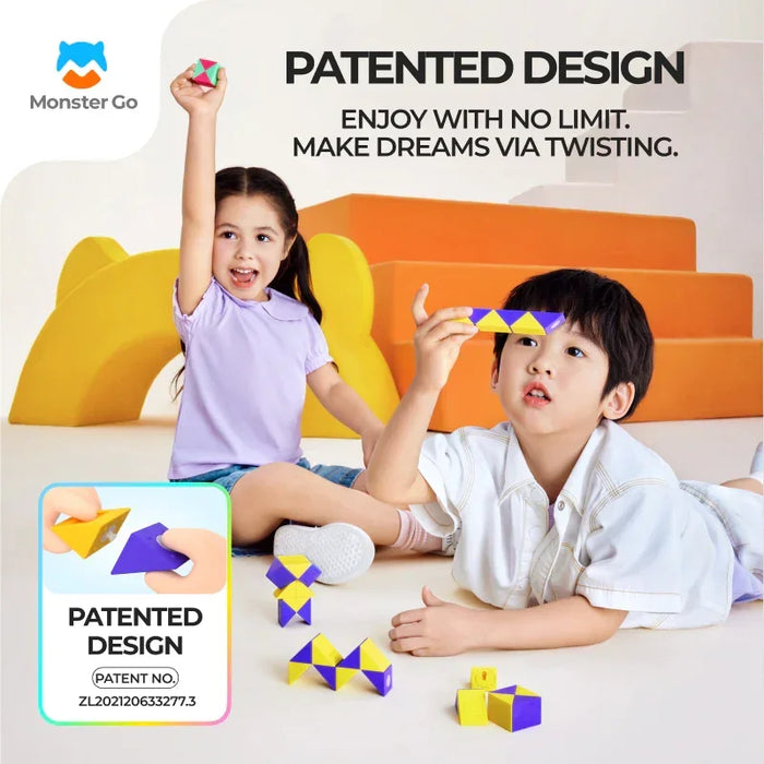 Two children playing with colorful patented twist puzzle toy Monster Go indoors