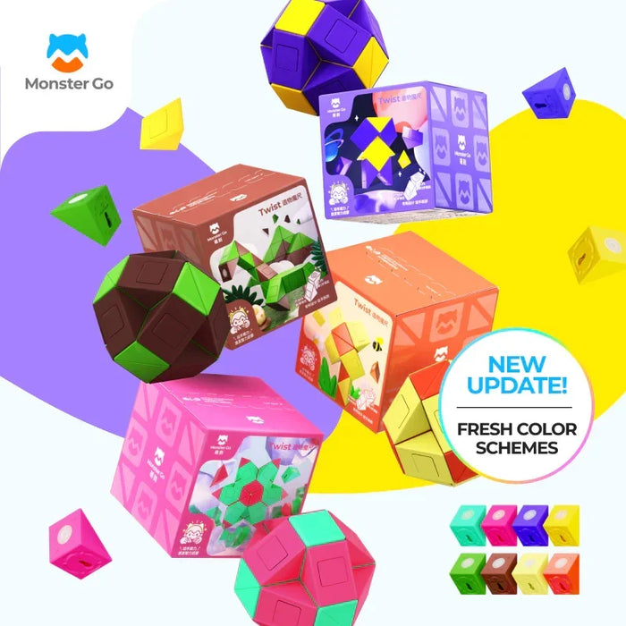 Monster Go Twist puzzle cubes in fresh color schemes with colorful geometric shapes and packaging