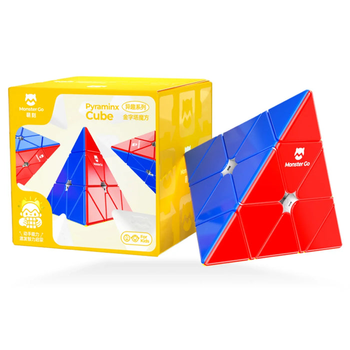 Monster Go Pyraminx Cube puzzle in red and blue with yellow packaging for kids