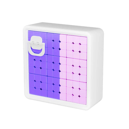 White plastic spelling cube toy with purple and pink letter tiles and a carry handle