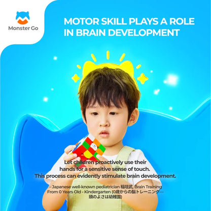 Young boy focusing on solving colorful mosaic puzzle cube, promoting motor skill and brain development