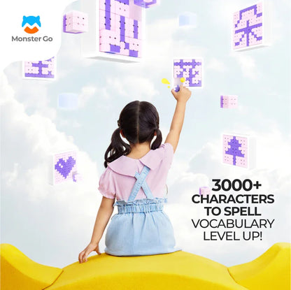 Child interacting with floating purple and pink spelling mosaic cubes under blue sky for vocabulary learning