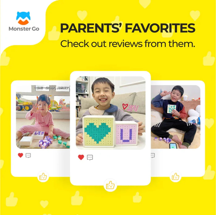 Kids playing with colorful Monster Go spelling mosaic cubes, showing creativity and fun learning