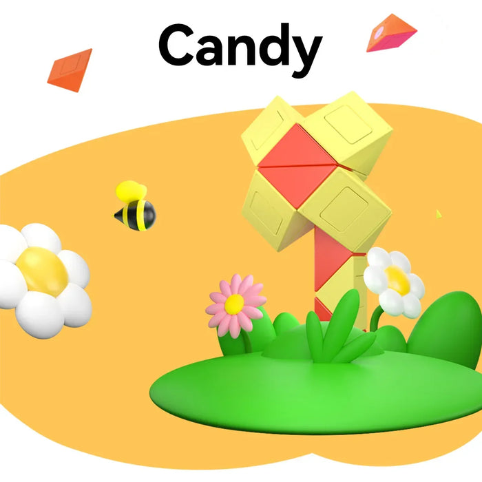 Colorful twist puzzle toy on grassy base with flowers and a bee, candy text above