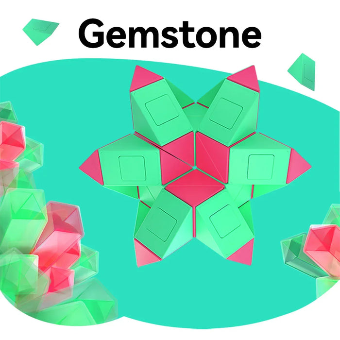 Colorful Monster Go Twist Gemstone puzzle toy with green and pink segments on teal background