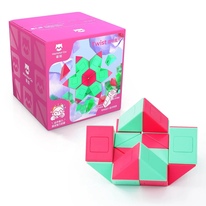 Monster Go Twist puzzle toy in green and red with pink packaging box featuring product image and instructions
