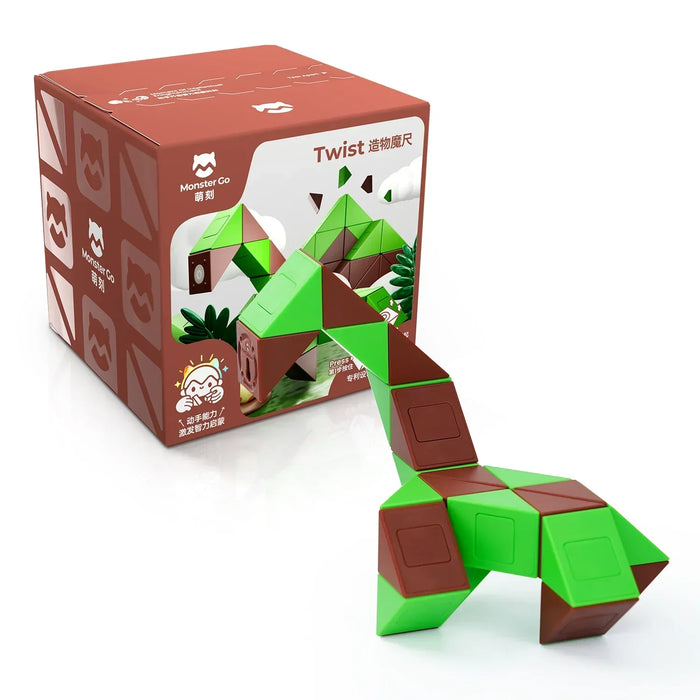 Monster Go Twist puzzle toy in green and brown, shaped like a dinosaur, with product box