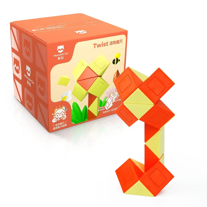 Monster Go Twist puzzle toy in orange and yellow shaped like a flower with branded box