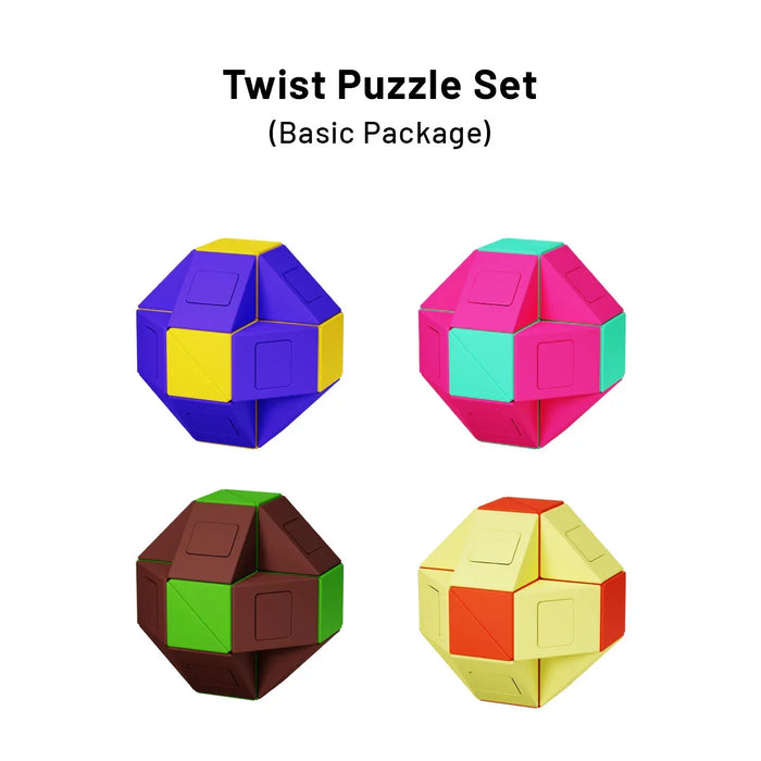 Twist Puzzle Set Basic Package featuring four colorful 3D twist fidget puzzles in blue-yellow, pink-turquoise, brown-green, and yellow-orange