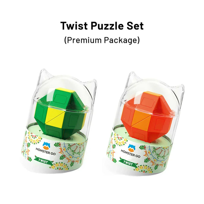 Monster Go Twist Puzzle Set premium package with green-yellow and red-orange twist puzzles in clear plastic cases