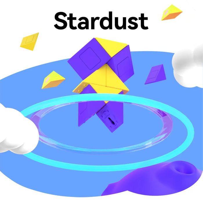 Stardust Monster Go Twist puzzle featuring purple and yellow geometric pieces floating with glowing rings in blue sky