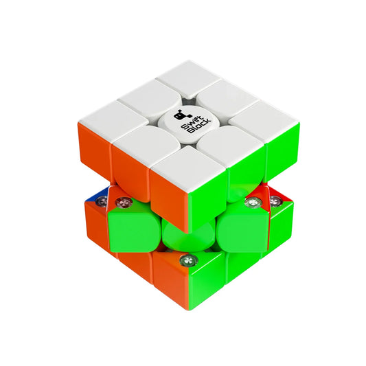 Swift Block 3x3 speed cube with white, green, orange, and red stickers, showing core and screws