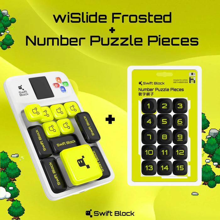 Swift Block wiSlide Frosted keyboard with black and yellow number puzzle pieces in packaging