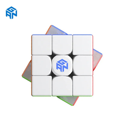 GAN Brand white 3x3 speed cube puzzle with colorful edges and logo on center piece