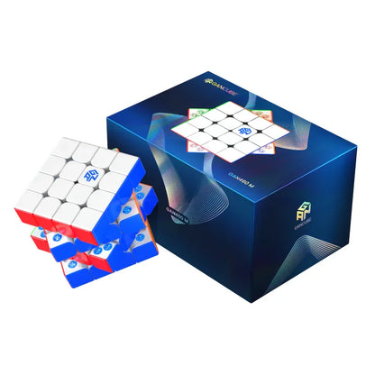 GAN 460M V2 speed cube puzzle with colorful stickers beside its blue GANcube branded packaging box