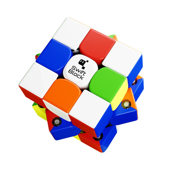 Partially twisted Swift Block 3x3 speed cube puzzle with colorful square tiles