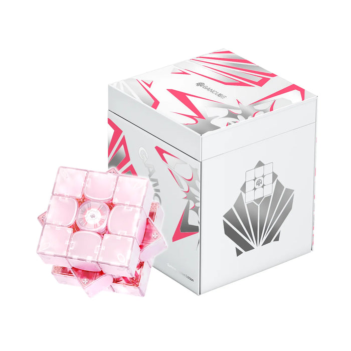 Pink translucent speed cube with GANCUBE packaging, limited edition design