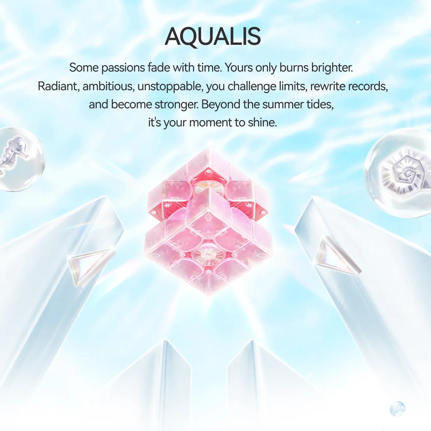 Aqualis speed cube with radiant pink design, surrounded by crystal elements and water-themed visuals.