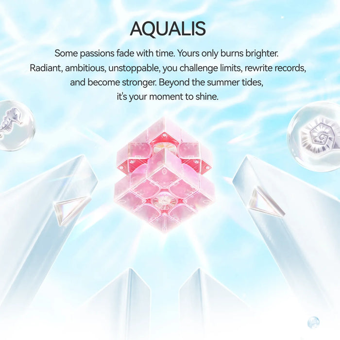 Aqualis speed cube with radiant pink design, surrounded by crystal elements and water-themed visuals.